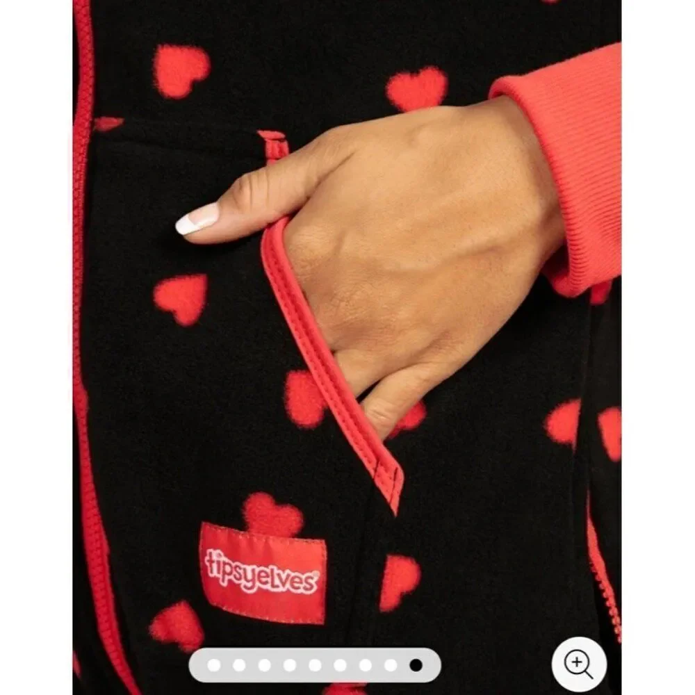 Tipsy Elves Ladies XL Hearts on Fire Hooded Zip Fleece Pajama Jumpsuit New